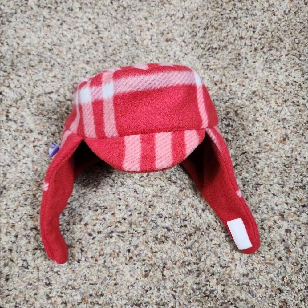 Hand Made Fleece Warm Winter Toddler Hat Beanie Neck Straps Red Plaid 1-4 years